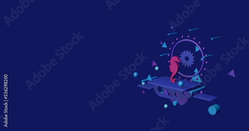 Pink sea horse symbol on a pedestal of abstract geometric shapes floating in the air. Abstract concept art with flying shapes on the right. 3d illustration on indigo background