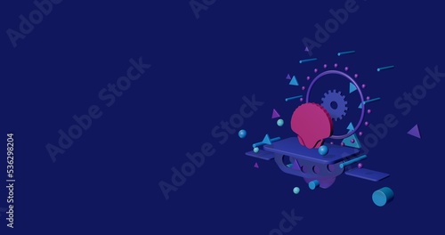 Pink sea shell symbol on a pedestal of abstract geometric shapes floating in the air. Abstract concept art with flying shapes on the right. 3d illustration on indigo background