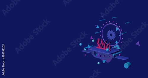 Pink seaweed symbol on a pedestal of abstract geometric shapes floating in the air. Abstract concept art with flying shapes on the right. 3d illustration on indigo background
