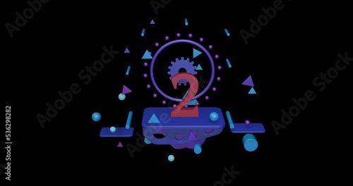 Red number two symbol on a pedestal of abstract geometric shapes floating in the air. Abstract concept art with flying shapes in the center. 3d illustration on black background