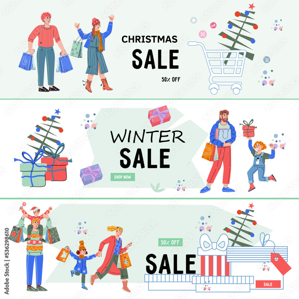 Promo Christmas and New Year sale banner and flyer templates set. Christmas sale and discount advertising materials mockup for web and print, flat cartoon vector illustration.