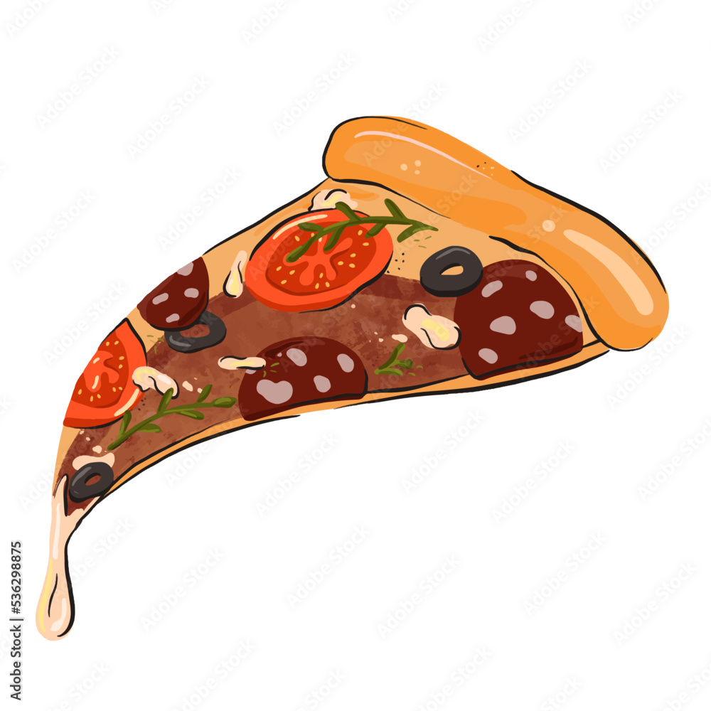 Italian pizza design template. A piece of pepperoni with tomatoes, mozzarella and olives on a white background. Hand drawing vector illustration Italian pizza design template. A piece of pepperoni with tomatoes, mozzarella and olives on a white background. Hand drawing vector illustration