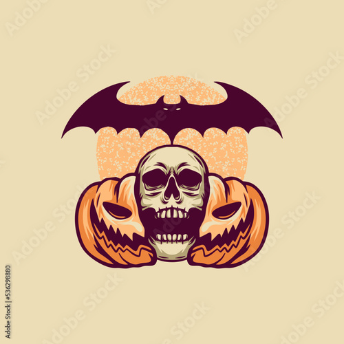 Skull Pumpkin And Bat Retro Illustration