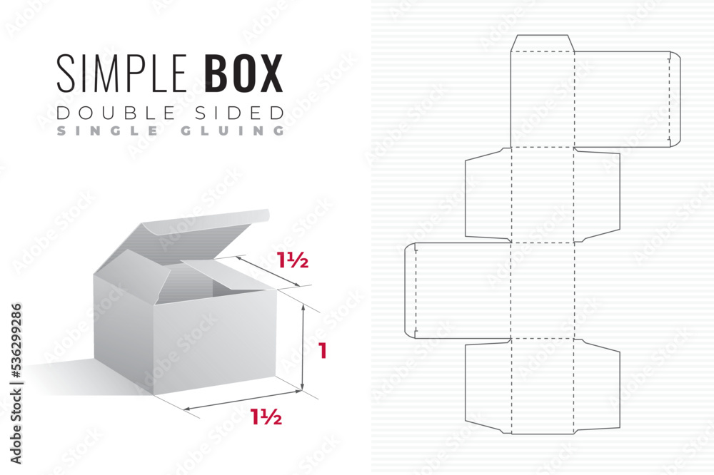 Simple Packaging Box Die Cut Double Sided One and a Half Length and Width Template with 3D Preview - Editable Blueprint Layout with Cutting and Scoring Lines on Background - Draw Graphic Design Simple Packaging Box Die Cut Double Sided One and a Half Length and Width Template with 3D Preview - Editable Blueprint Layout with Cutting and Scoring Lines on Background - Draw Graphic Design