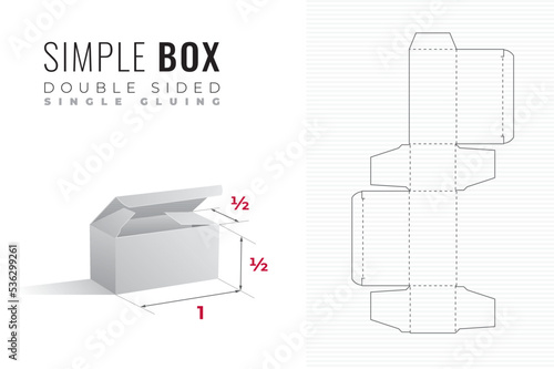 Simple Packaging Box Die Cut Double Sided Half Length and Height Template with 3D Preview - Editable Blueprint Layout with Cutting and Scoring Lines on Background - Draw Graphic Design