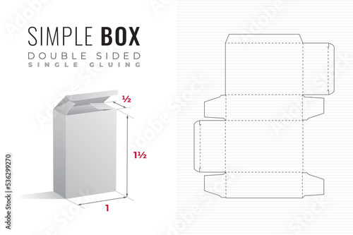 Simple Packaging Box Die Cut Double Sided Half Length One and a Half Height Template with 3D Preview - Editable Blueprint Layout with Cutting and Scoring Lines on Background - Draw Graphic Design