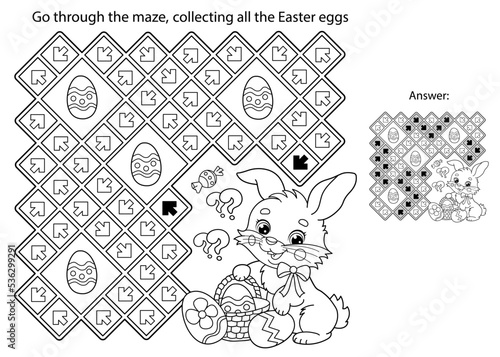 Maze or Labyrinth Game. Puzzle. Coloring Page Outline Of cartoon cute Easter bunny with eggs and sweets. Coloring Book for kids.