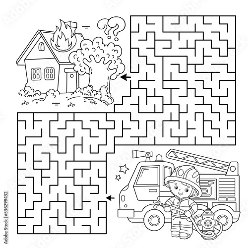 Maze or Labyrinth Game. Puzzle. Coloring Page Outline Of cartoon fireman or firefighter with fire truck. Fire fighting. Coloring book for kids.