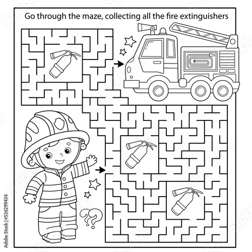 Maze or Labyrinth Game. Puzzle. Coloring Page Outline Of cartoon fireman or firefighter with  fire truck. Coloring book for kids.