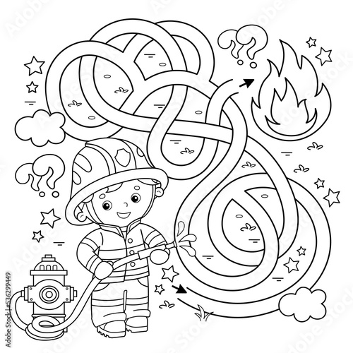 Maze or Labyrinth Game. Puzzle. Tangled road. Coloring Page Outline Of cartoon fireman or firefighter with  hydrant. Fire fighting. Coloring book for kids.