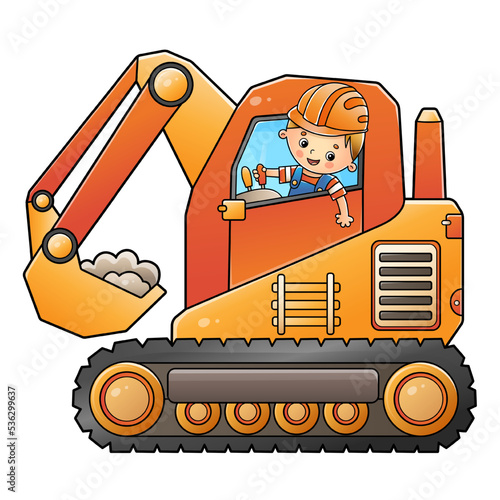 Cartoon big crawler excavator with worker. Construction vehicles. Colorful vector illustration for children.