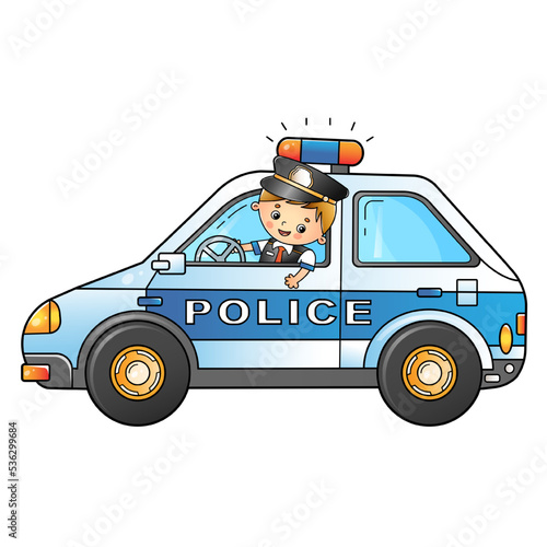 Cartoon policeman with car. Profession - police. Image of transport or vehicle for children. Colorful vector illustration for kids.