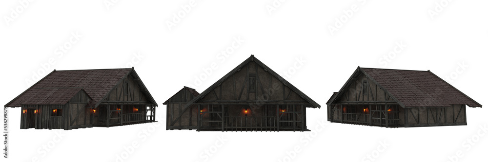 Stone and timber framed medieval house in evening light with lit lanterns. 3D rendering with 3 views isolated. Stone and timber framed medieval house in evening light with lit lanterns. 3D rendering with 3 views isolated.