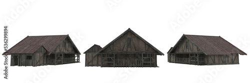 Stone and timber framed medieval house. 3D illustration with 3 views isolated.