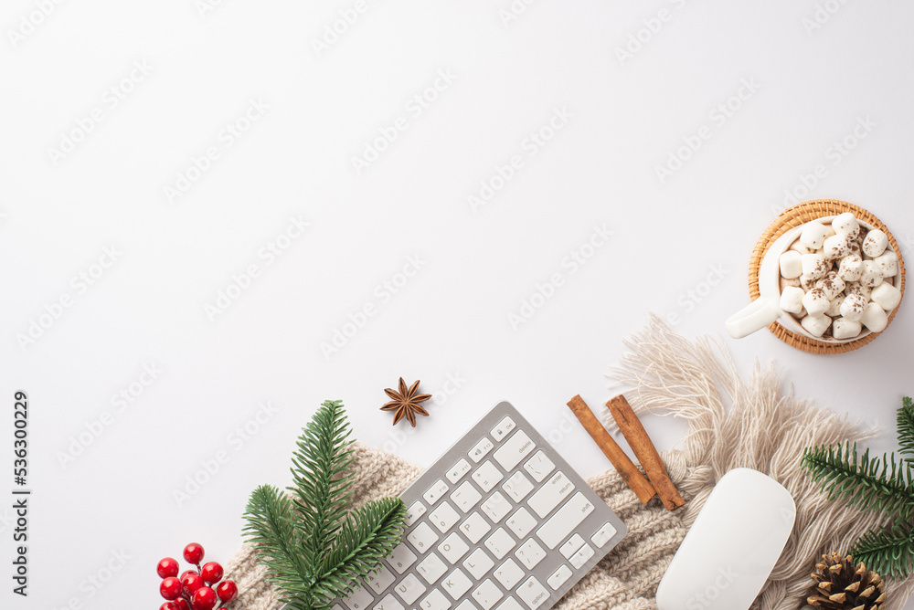 Christmas Day concept. Top view photo of keyboard computer mouse cup of cocoa pine cone fir branches cinnamon sticks mistletoe knitted plaid on isolated white background with empty space Christmas Day concept. Top view photo of keyboard computer mouse cup of cocoa pine cone fir branches cinnamon sticks mistletoe knitted plaid on isolated white background with empty space