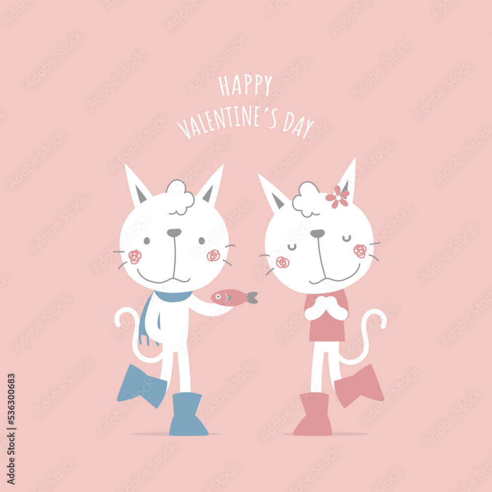 cute and lovely couple white cat with fish, happy valentine's day, love concept, flat vector illustration cartoon character costume design cute and lovely couple white cat with fish, happy valentine's day, love concept, flat vector illustration cartoon character costume design