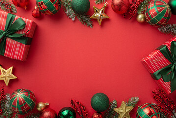 Christmas Eve concept. Top view photo of present boxes with bows red green baubles gold star ornaments mistletoe and pine branches in snow on isolated red background with blank space in the middle