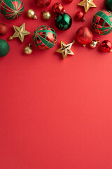 Christmas tree decorations concept. Top view vertical photo of star ornaments gold green and red baubles on isolated red background with copyspace