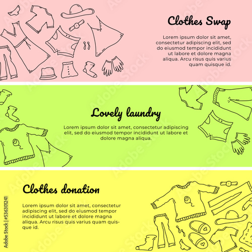 Doodle color banners with clothes. Fashion hand drawn objects, symbols and items. Web banners
