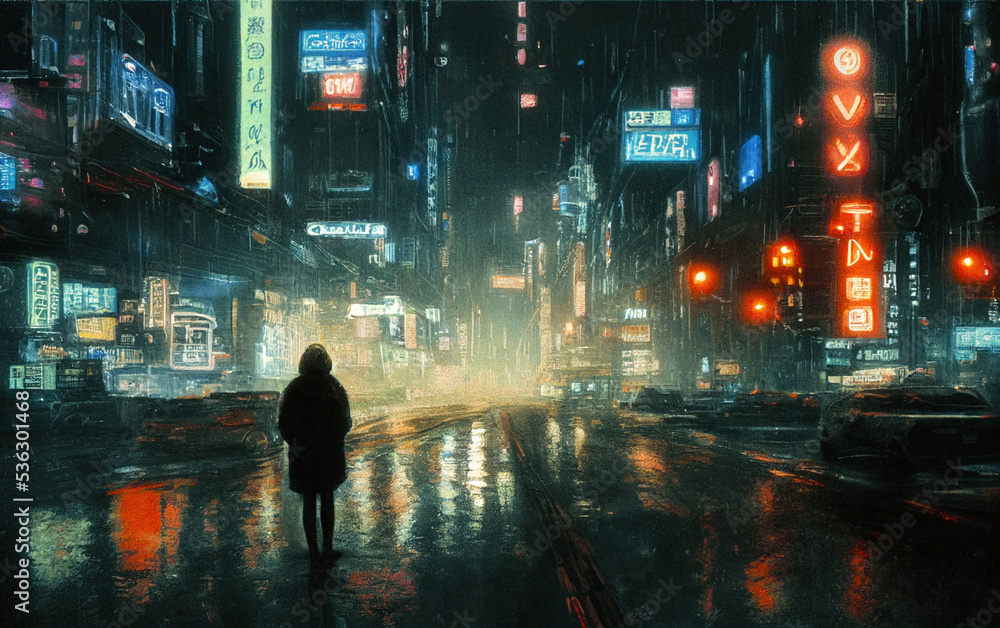 A lonely woman lost in the cyberpunk city in the night. Neon glow ...