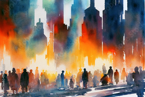 A crowd of people standing on the street of the modern city with skyscrapers. Watercolor illustration