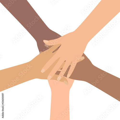 Group of people putting hands together. Concept of community, equality. Vector illustration in flat style. 