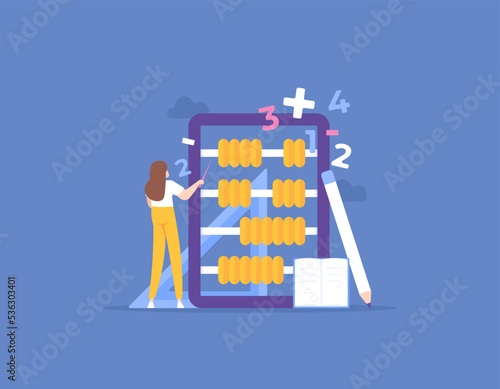 private tutoring, courses, training in math lessons. learn and understand about mathematics. a teacher explains and teaches how to count using an abacus. education. flat cartoon illustration. concept