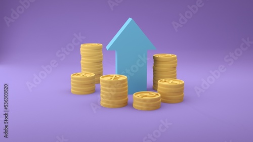 Fotografie Coin stacks with upward arrow illustrating growth in finance,business,stock mark