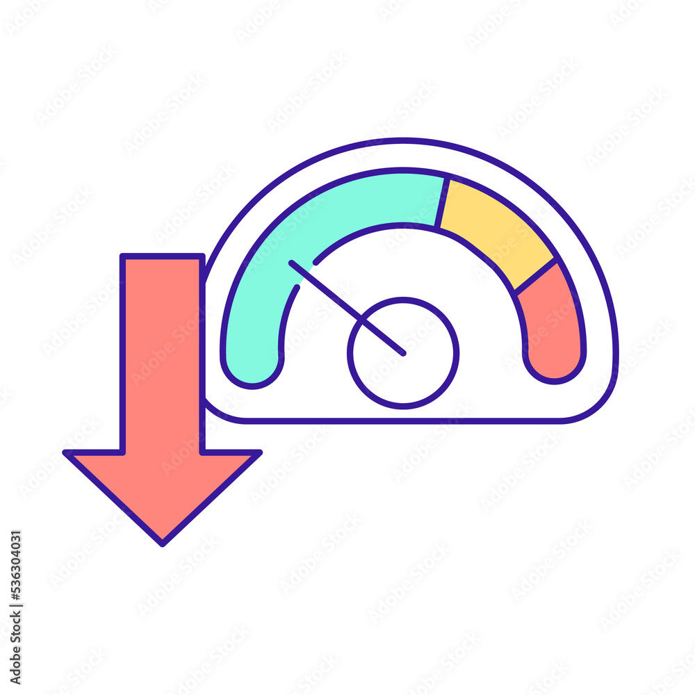 Reduction of power load RGB color icon. Equipment data meter. Smart grid system component. Isolated raster illustration. Simple filled line drawing Reduction of power load RGB color icon. Equipment data meter. Smart grid system component. Isolated raster illustration. Simple filled line drawing