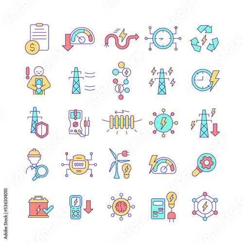 Smart grid RGB color icons set. Intelligent power network. Energy technology. Isolated raster illustrations. Simple filled line drawings collection