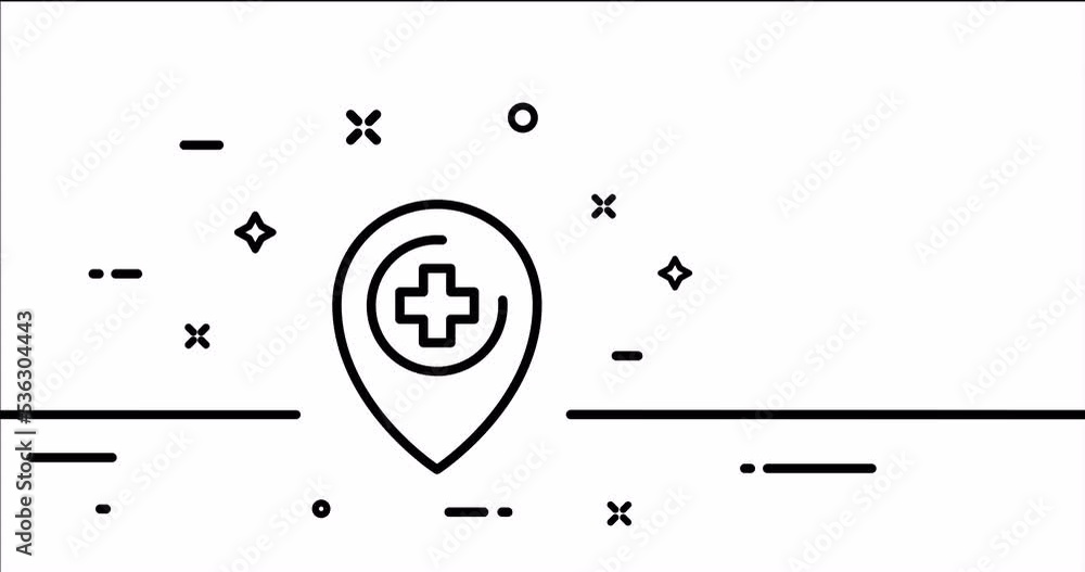 Location pointer with cross. Destination, hospital, ambulance, consultation with a doctor, patient. Healthcare concept. One line drawing animation. Motion design. Animated technology logo. Video 4K