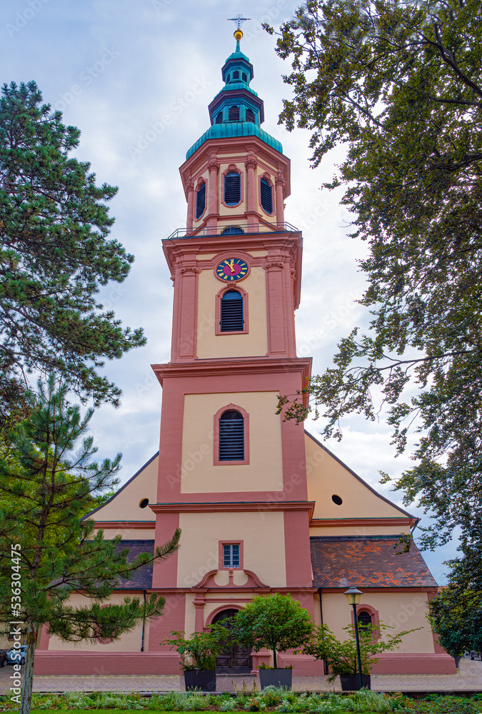 Holy Cross Church spire (1700), the main catholic chuch of Offenburg.Baden Wuerttemberg, Germany, Europe
