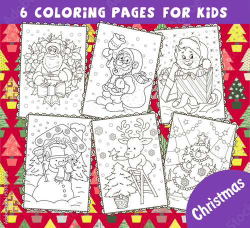 Set of the coloring pages outline. Cartoon smiling cute Santa Claus with Christmas wreath, gifts, cat, snowman, deer with Christmas three. Colorful vector illustration, winters coloring book for kids.