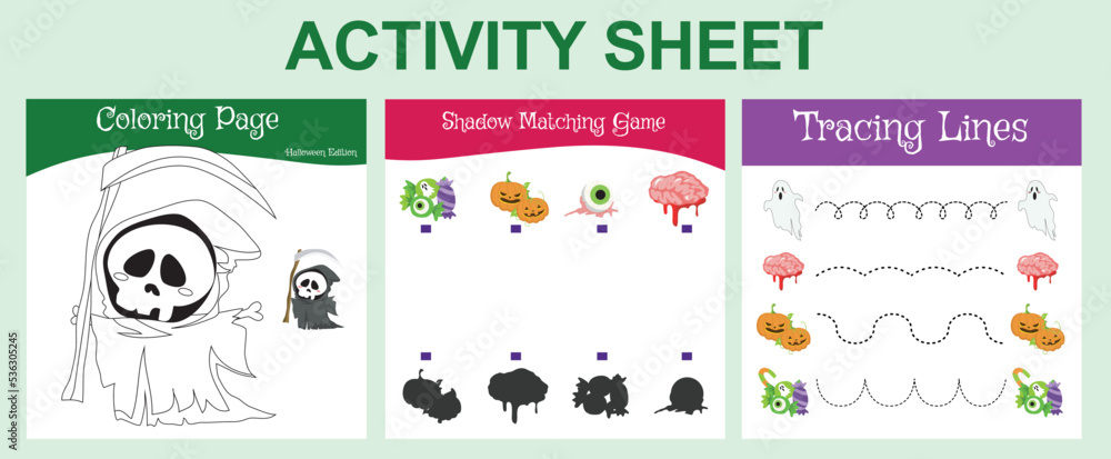 Bundle activity worksheet for toddlers with Halloween theme. Cute character printable worksheets Halloween edition. 