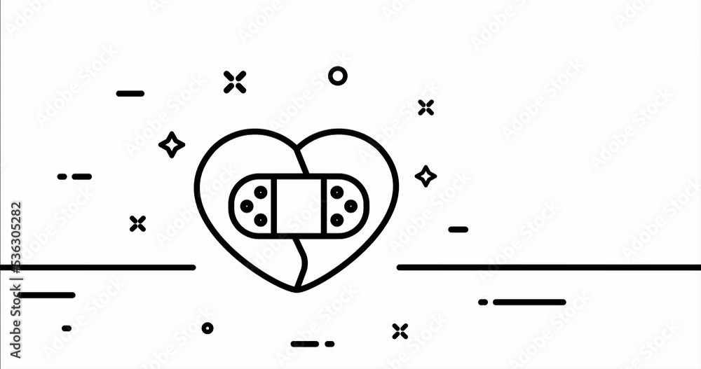 Broken heart with band aid. Betrayal, love, treason, lies, mistrust, feelings, upset, heal. Relationships concept. One line drawing animation. Motion design. Animated technology logo. Video 4K Broken heart with band aid. Betrayal, love, treason, lies, mistrust, feelings, upset, heal. Relationships concept. One line drawing animation. Motion design. Animated technology logo. Video 4K
