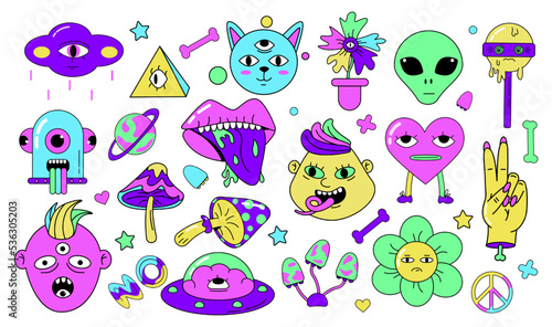 Psychedelic characters set. Skull and alien emoji sticker, crazy doodle smiling creatures. Retro surreal trippy hippie symbols, funny happy elements acid colors vector illustration design