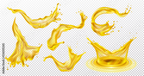 Yellow splash. Oil motion, lemon or pineapple juice, beer drip and drops. Liquid splashing, 3d water waves, advertising soda drink or honey. Realistic elements for design. Vector isolated set