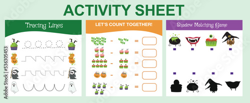 Bundle activity worksheet for toddlers with Halloween theme. Cute character printable worksheets Halloween edition. 