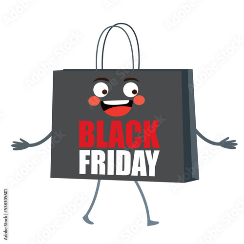 Vector illustration of cute shopping bag character with black friday text
