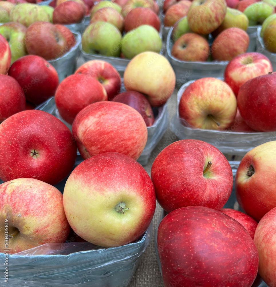 Baskets of freshly harvested apples at a roadside stand in New York. Baskets of freshly harvested apples at a roadside stand in New York.