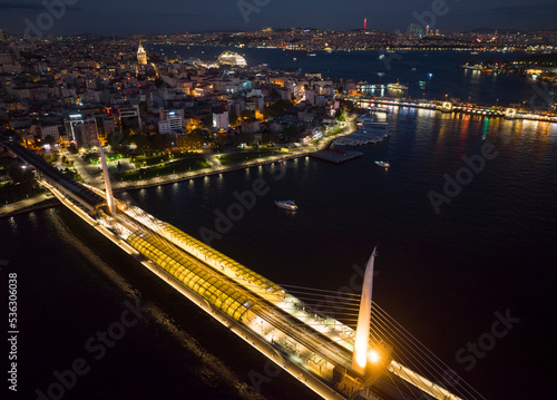 Halic Metro Bridge in the Sunset Drone Photo, Galata Beyoglu, Istanbul Turkey © raul77