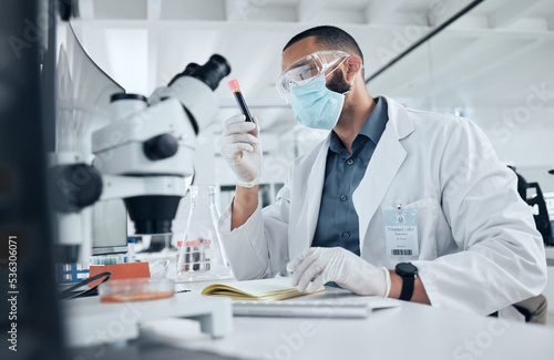 Science, blood and covid esearch with a man engineer working in a lab on DNA for innovation, cure and vaccine. Medicine, healthcare and development with a scientist at work in a medical laboratory photo