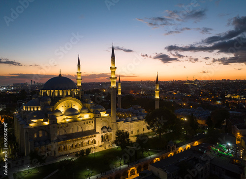 Suleymaniye Mosque in the Sunset Time Drone Photo, Fatih Istanbul, Turkey