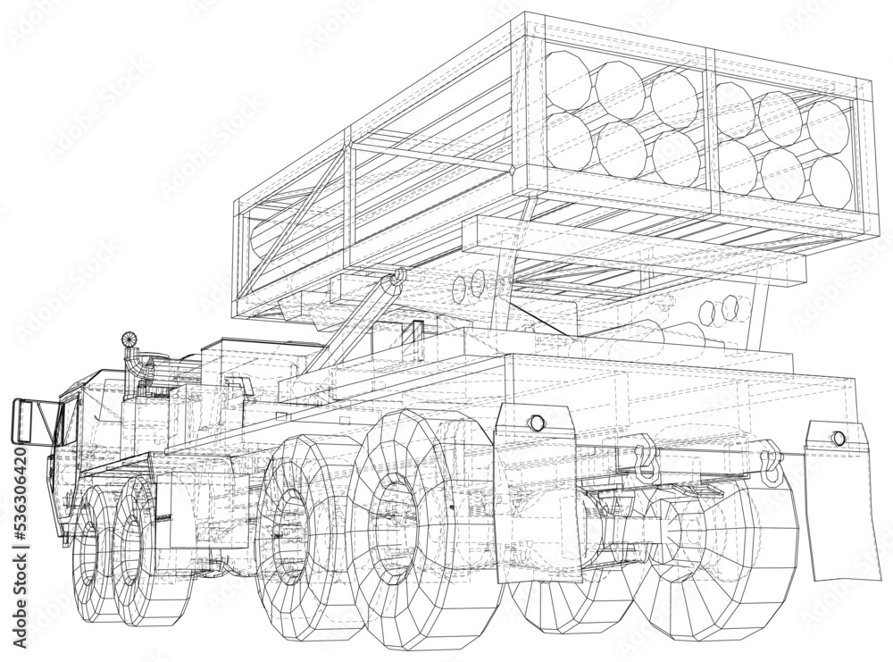 Mobile missile system. The layers of visible and invisible lines are separated. EPS10 format. Vector created of 3d.
