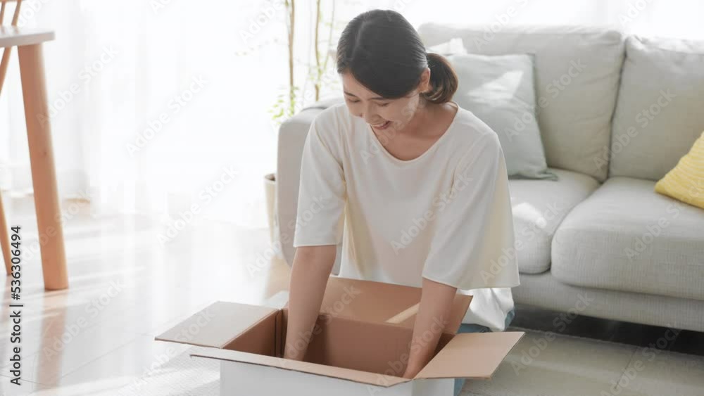 段ボールを開封する女性 通信販売イメージ 段ボールを開封する女性 通信販売イメージ