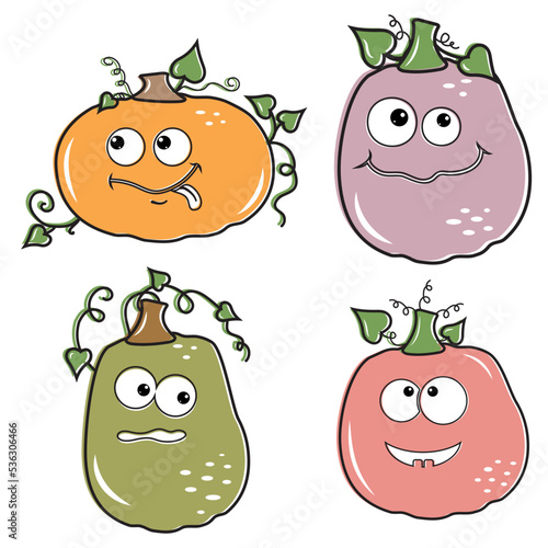 Isolated cartoon orange pumpkin with a kawaii face on a white background. Cute funny character. Flat design.