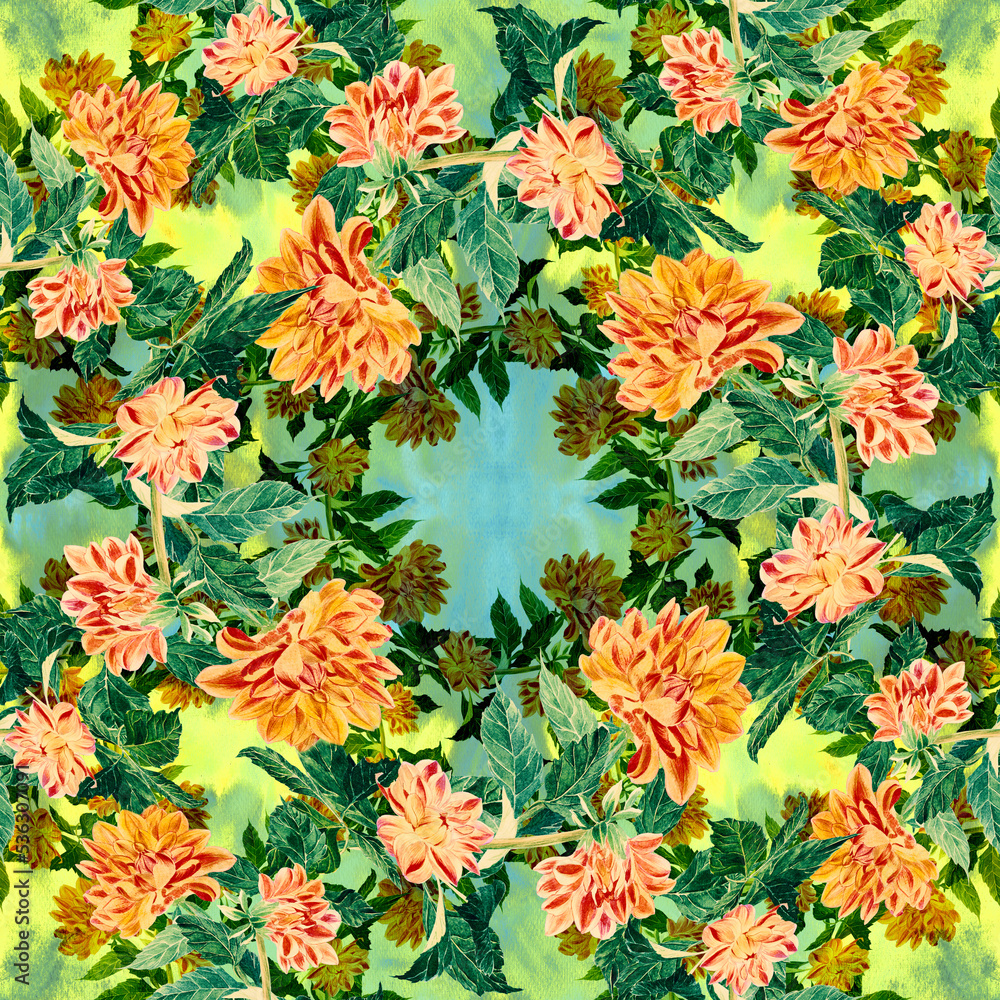 Seamless background. Dahlia is a flower and a bud. background pattern - floral motifs. Wallpaper. Use printed materials, decoupage cards, posters, postcards, packaging.