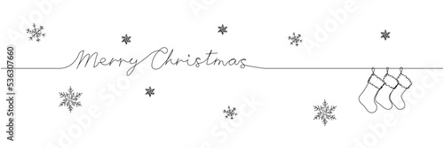 Greetings Merry Christmas with Christmas stockings and snowflakes, lettering one line art. Continuous line drawing of new year holidays, congratulations, weekend, festive atmosphere, handwritten.