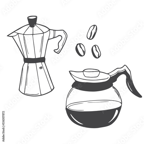 Utensil for preparing coffee, vector isolated line art, linear illustration of italian moka pot. Trendy outline ink style, good as icon, logo for coffee shop, hand drawn artwork.