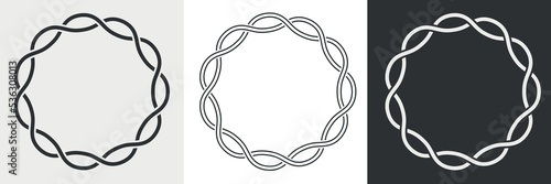 Decorative round frames. Set of circle border cord silhouette, line art and inversion. Symmetry chain logo. Vector illustration